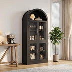 70" Tall Arched Cabinet with 7 Color LED Light, Modern Farmhouse Display Cabinets with Glass Doors, Wooden Storage Cabinet for Living Room and Kitchen Pantry (Black)