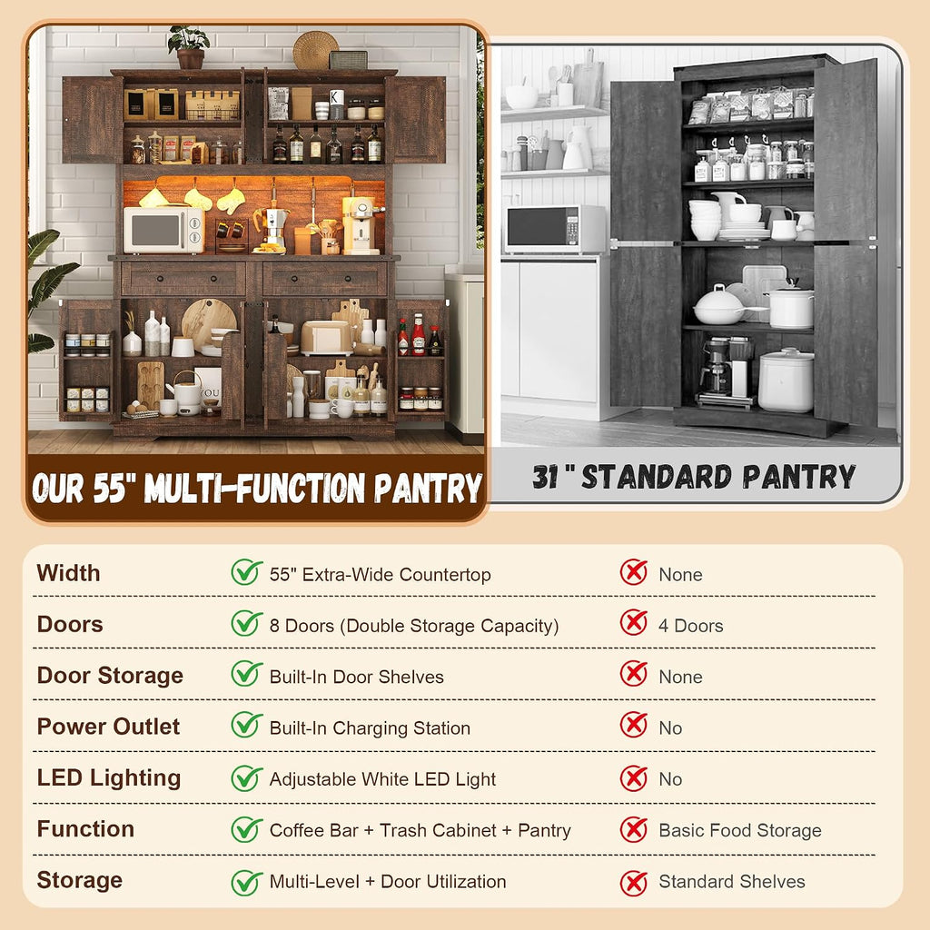 71" Tall Large Pantry Storage Cabinet w/Power Outlet,55" Wide Farmhouse Kitchen Hutch Storage Cabinet w/Barn Doors,2 Drawer,Large Countertop,LED Light,Rustic Coffee Bar,6 Hooks,8 Doors Shelves,Brown