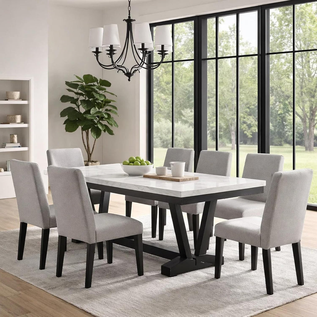 Benzara Vinz Dining Table, 72 Inch White Faux Marble Top, Black Trestle Base
