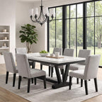 Benzara Vinz Dining Table, 72 Inch White Faux Marble Top, Black Trestle Base
