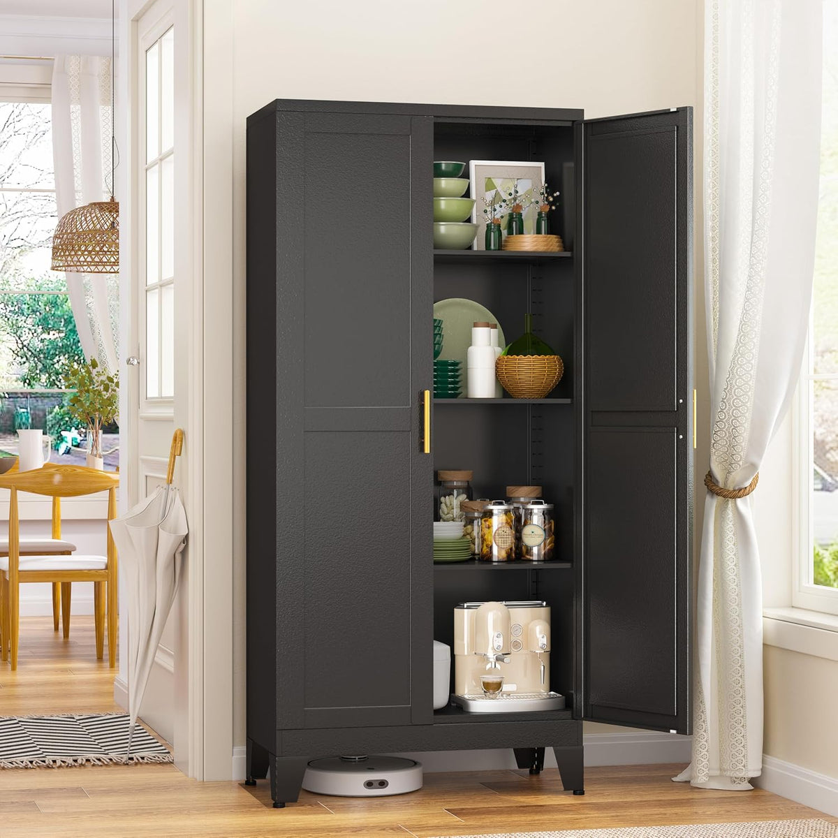GAIOUS Metal Storage Cabinet, Black Pantry Storage Cabinets with 2 Door | and 3 Adjustable Shelves, Kitchen Food Storage Cabinet, Metal Utility Cabinet for Kitchen Laundry Room, Cupboard