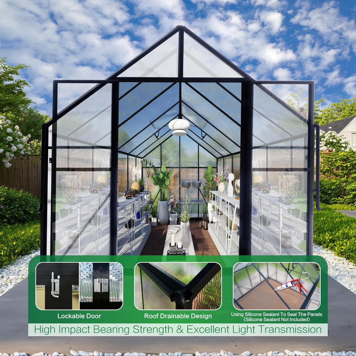 8x12 FT Greenhouse for Outdoors, Polycarbonate Green House with Adjustable Roof Vent and Rain Gutter, Aluminum Large Walk-in Greenhouse with Quick Setup Structure for Outside Garden Backyard Patio
