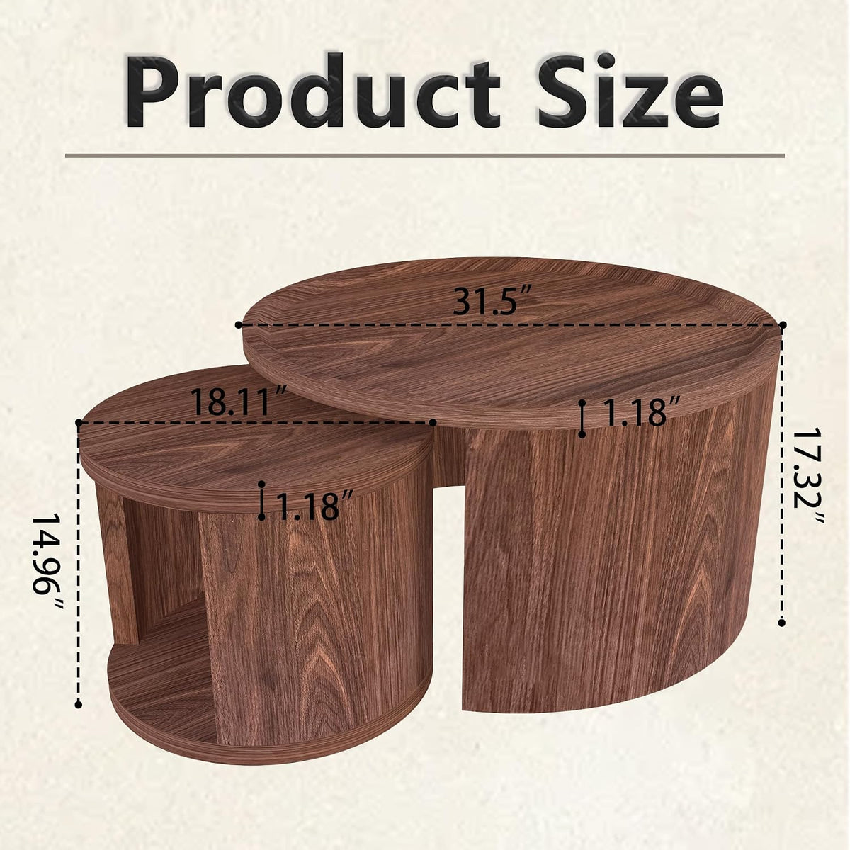 Round Nesting Coffee Table Set 2 with Storage for Small Space, Walnut | Wood Round Center Table Set 2, 2-piece Small Stacking Side Table with Wood Top, Versatile for Bedroom Balcony Apartment