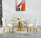 44.88" Round Dining Table Set, Luxury Diamond-Shape Dining Room Table with Faux Marble Top & 4 Beige Tufted Velvet Chairs, White&Gold Circle Kitchen Table and Chairs Set with Stainless Steel Base
