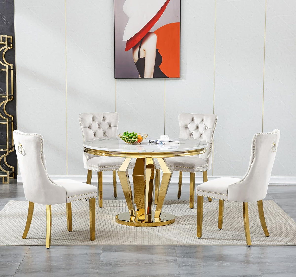 44.88" Round Dining Table Set, Luxury Diamond-Shape Dining Room Table with Faux Marble Top & 4 Beige Tufted Velvet Chairs, White&Gold Circle Kitchen Table and Chairs Set with Stainless Steel Base