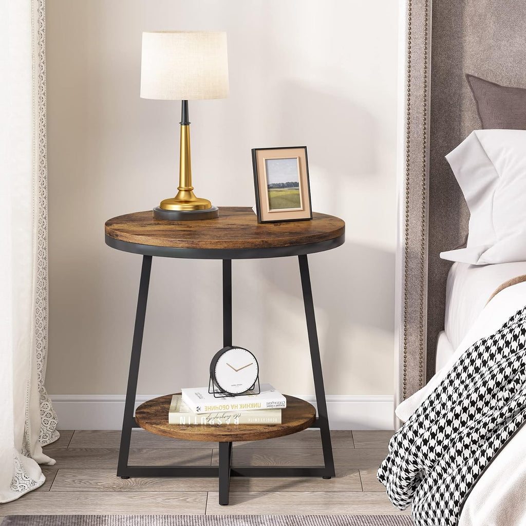 Tribesigns Round End Table Set of 2, 2 Tier Side Table with Storage Shelf, Industrial Nightstand Bedside Table Coffee Accent Table for Living Room Small Space, Rustic Brown