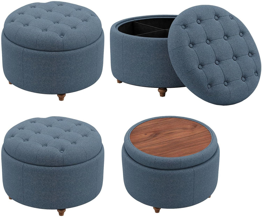 25" Round Ottoman with Storage, Small Coffee Table with Reversible Tray Lid | Tufted Fabric Round Storage Ottoman with Solid Wood Legs, 3-in-1 Footrest for Living Room, Bedroom, Entryway, Blue