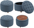25" Round Ottoman with Storage, Small Coffee Table with Reversible Tray Lid | Tufted Fabric Round Storage Ottoman with Solid Wood Legs, 3-in-1 Footrest for Living Room, Bedroom, Entryway, Blue