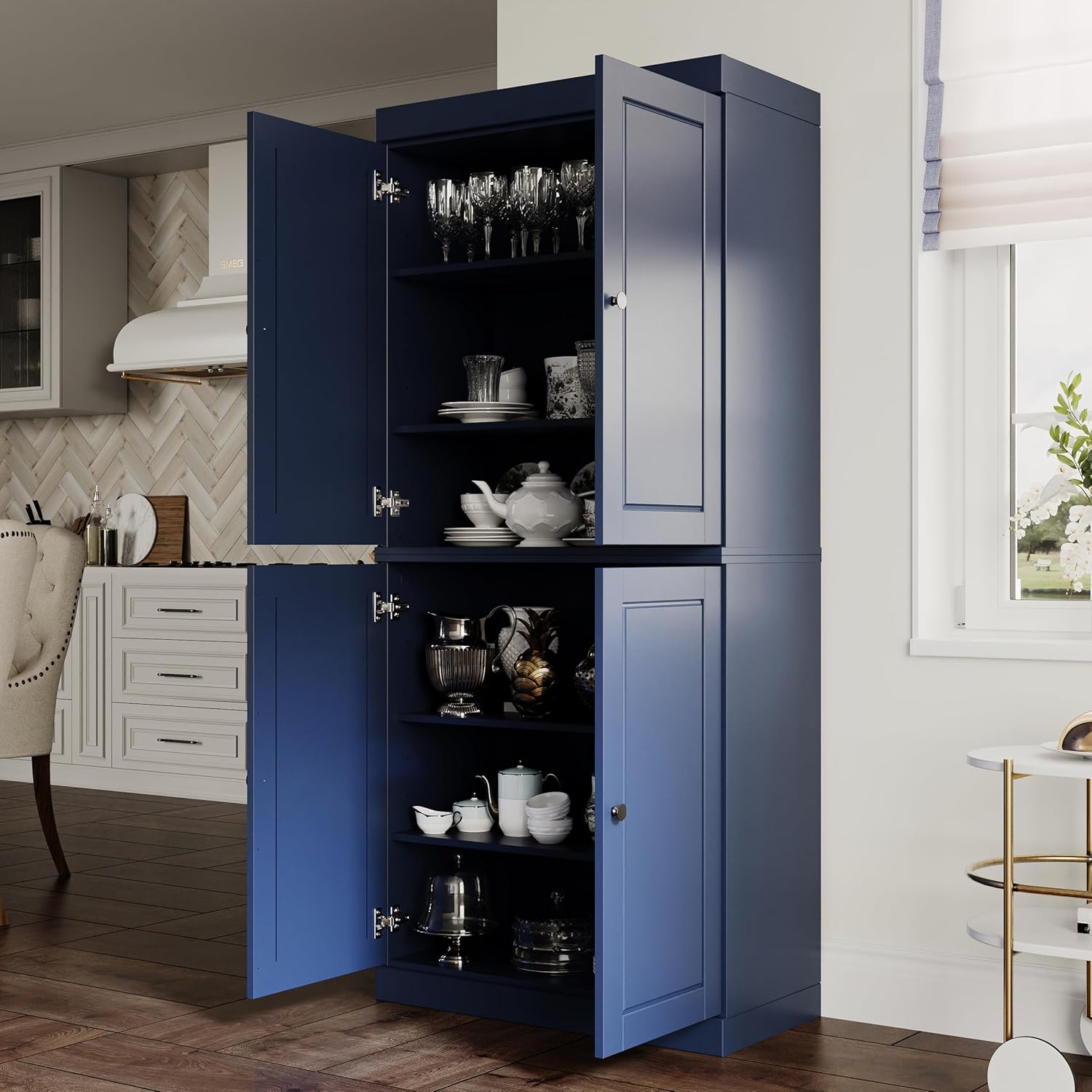Palace Imports Solid Wood Kitchen Pantry Cabinet - 71.5" Tall x 32" Wide - Wooden Storage Cabinet with 4 Doors & Adjustable Shelves, Navy Blue, 100% Renewable Eco-Friendly Wood, Made in Brazil