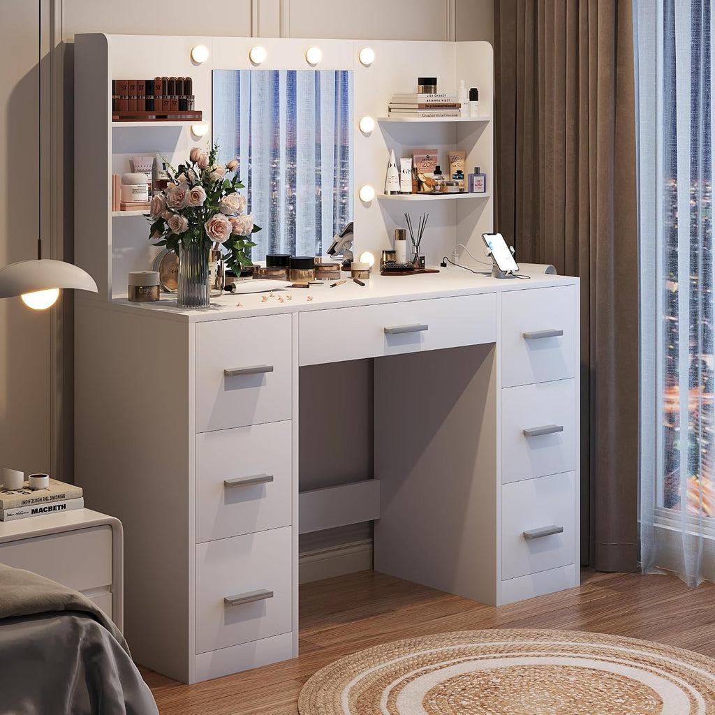 YESHOMY Vanity Desk with Mirror, Outlet, 10 Lights & 7 Drawers,White