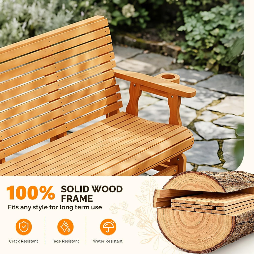 VINGLI Wooden Patio Glider, Heavy Duty 800 LBS Outdoor Glider with Cup Holders, 5 FT Wooden Glider Bench with High Backrest for Garden, Yard, Patio, Teak