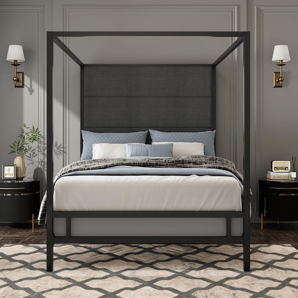 Queen Size Modern Black Canopy Bed with Tall Headboard