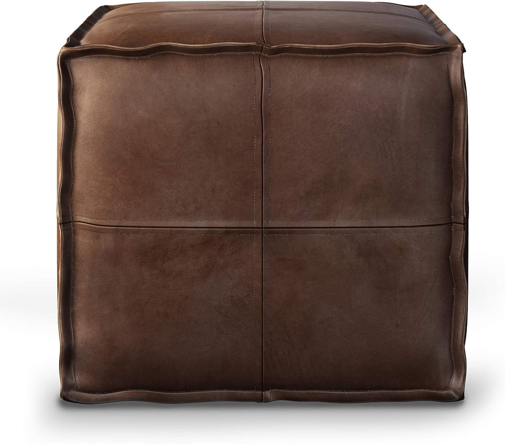 SIMPLIHOME Brody 18" Wide Square Pouf in Distressed Dark Brown Faux Leather | Boho footstool, coffee table and extra seating for living room or bedroom with assembled design, assembled; pouf ottoman.