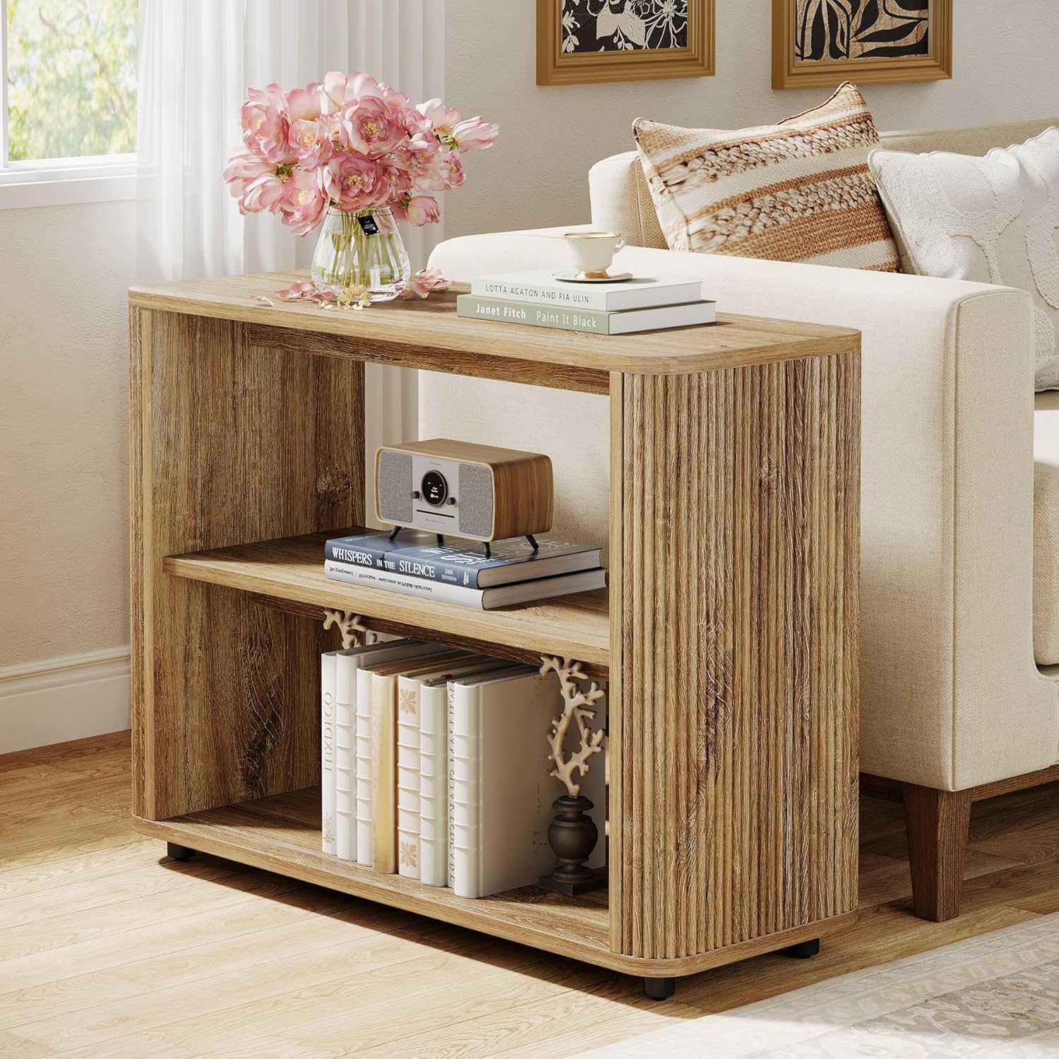 Tribesigns Narrow Side Table, 3-Tier End Table for Living Room, Small Fluted Nightstand with Storage Shelves, Farmhouse Bedside Table for Bedroom, Small Spaces, Sofa Couch, Natural