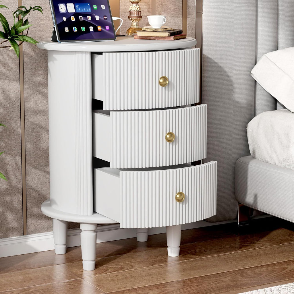 Round End Table with Charging Station, Wood Side Table with Storage for Small Spaces, White Nightstand with 3 Drawers, Couch Side Cabinet Bedside Table for Living Room/Bedroom/Corner