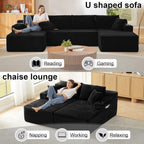 134 Inch Modular Sectional Sofa, Cloud Couch for Living Room | Modern Corduroy Couch with Side Pockets & Cup Holders, Oversized 4-Seater Deep Seat Sofa, No Assembly Required, Black