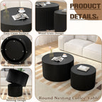 Round Wood Nesting Coffee Table Set, Wood Base Circle Center Table for Living Room, Modern Fluted Drum Side Tables Set of 2 for Apartment Small Space, Easy Assembly