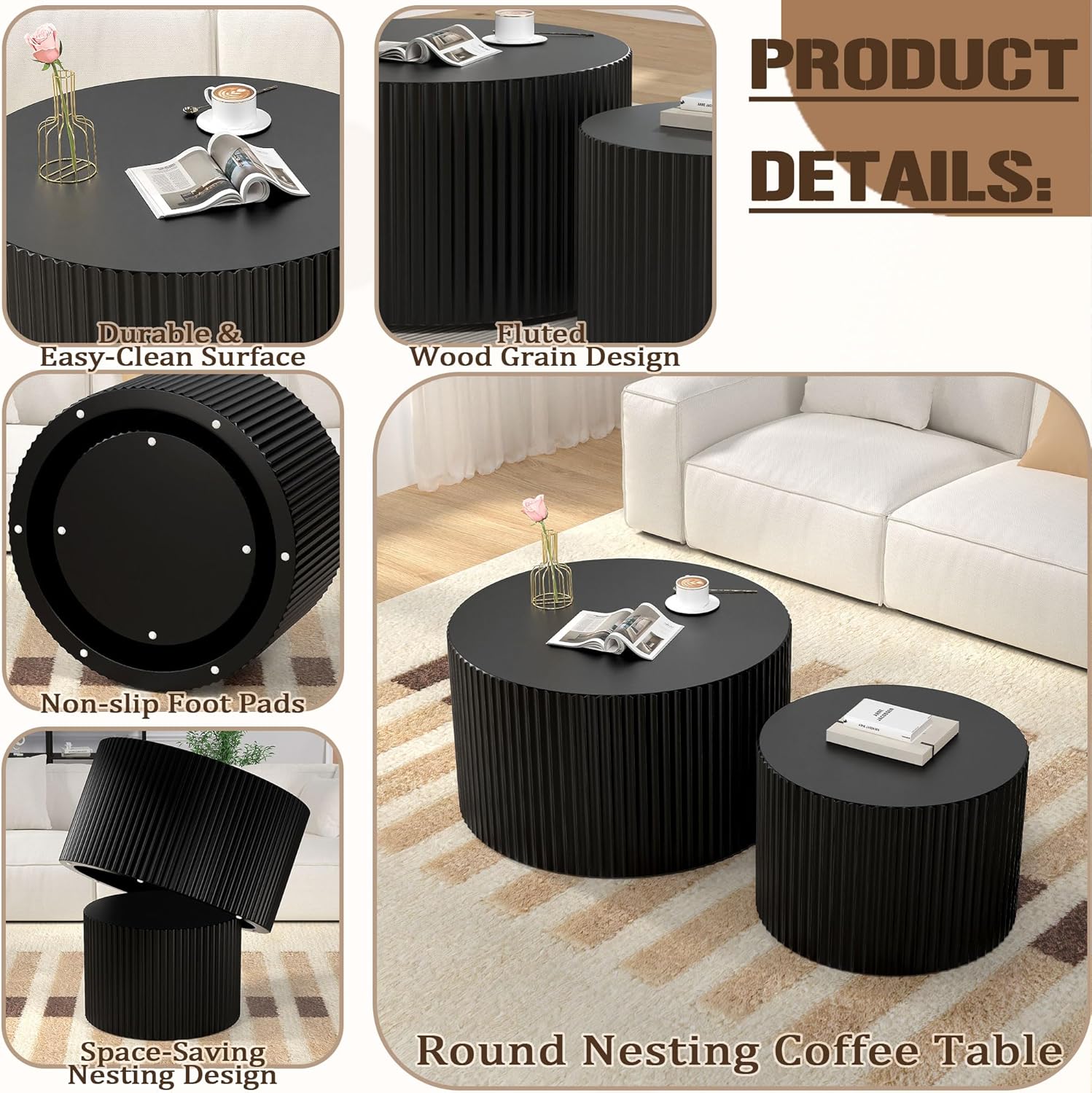 Round Wood Nesting Coffee Table Set, Wood Base Circle Center Table for Living Room, Modern Fluted Drum Side Tables Set of 2 for Apartment Small Space, Easy Assembly