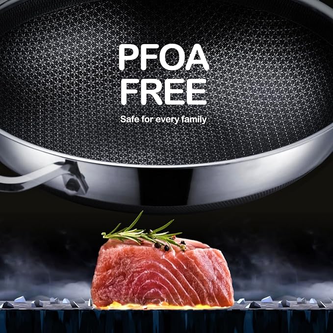 13 Inch Hybrid Stainless Steel Wok with Lid and Steamer Basket, Non Stick Stir Fry Pan, PFOA-Free, Works on Induction, Dishwasher & Oven Safe