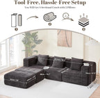 Modular Sectional Sofa with Deep Seat, Cloud Couch with 2 Movable Ottoman, No Assembly Required, Modern Plush Corduroy Cloud Couches for Living Room & Apartment, Grey