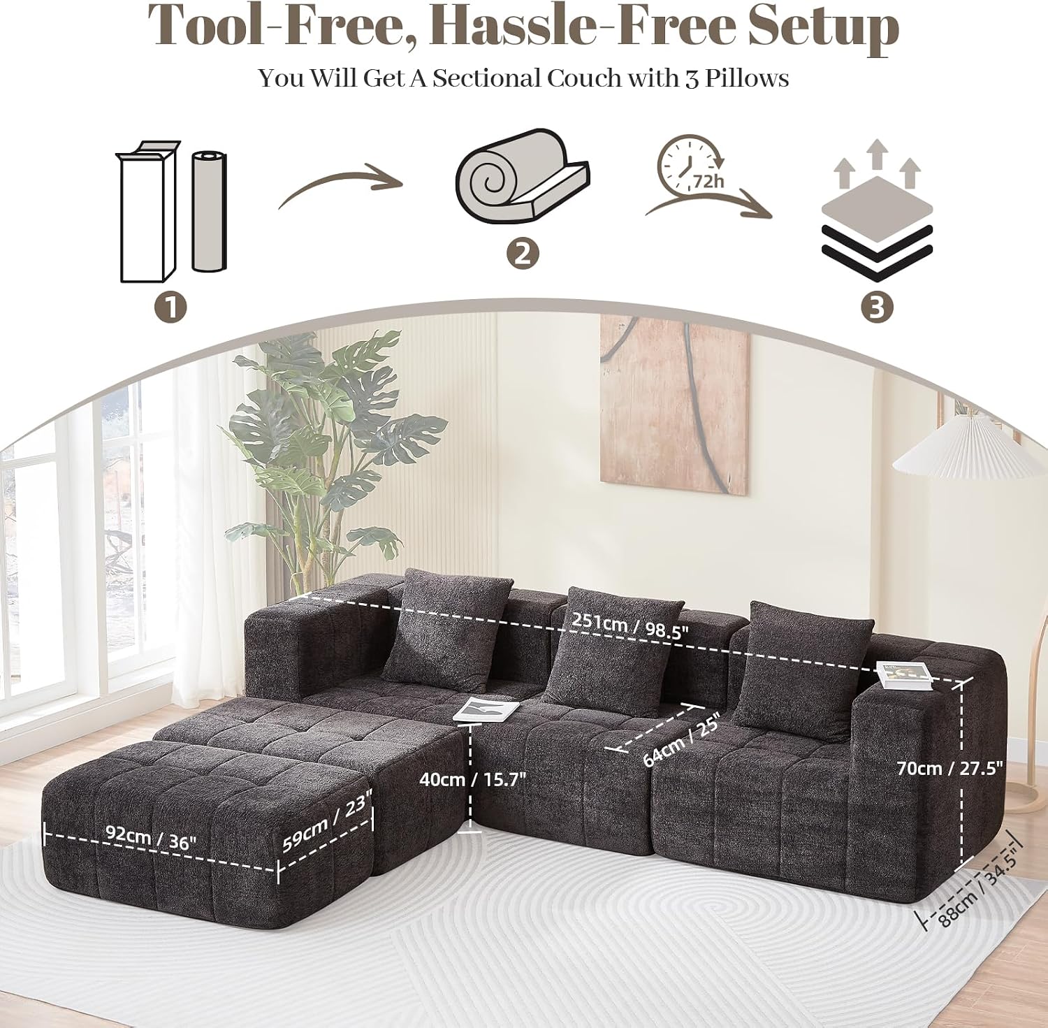 Modular Sectional Sofa with Deep Seat, Cloud Couch with 2 Movable Ottoman, No Assembly Required, Modern Plush Corduroy Cloud Couches for Living Room & Apartment, Grey