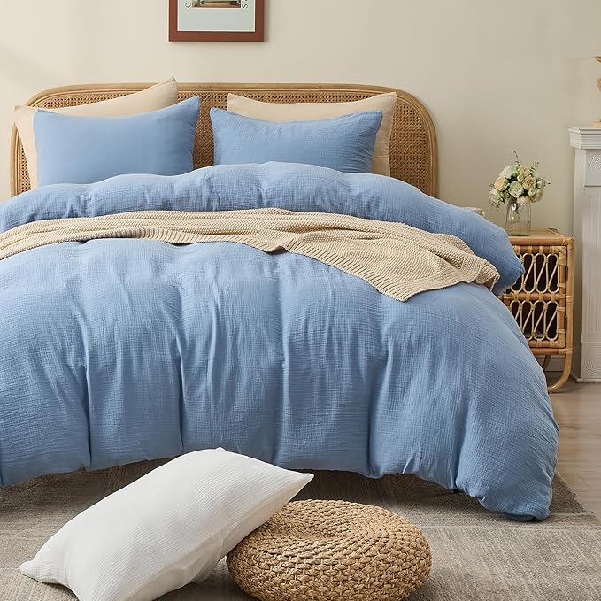 MEISHANG Muslin Duvet Cover Queen Size - 100% Organic Cotton, Soft Textured Gauze Weave Comforter Cover for Breathable All-Season with Zipper Closure - 3 Piece Set (Queen, Smoky Blue)