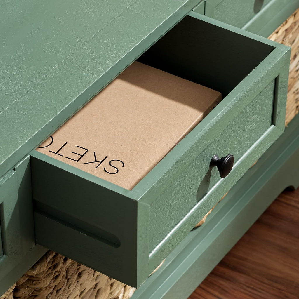 SAFAVIEH Home Collection – Damien Dusty Green 6-Drawer Storage Bench, Mixed-Material Cottage Design, Fully Assembled (AMH5701J)