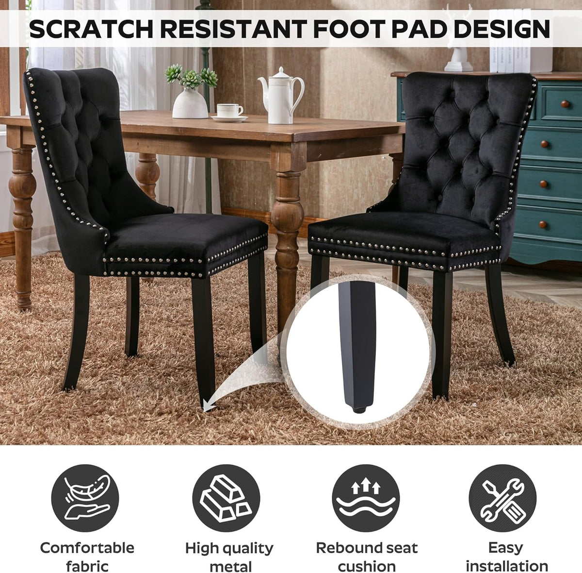 5-Piece 39" Round Glass Dining Table Set with 4 Velvet Upholstered Chairs, Dining Chairs with Solid Wood Legs, Modern Kitchen Table with Triangular Metal Base for Dining Room(Black)