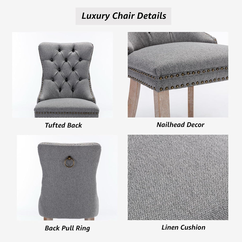 Grey Mid Century Modern Dining Chairs Set of 4, Linen Upholstered Kitchen & Dining Room Chairs with Nailhead Trim & Solid Wood Legs, Elegant Sillas De Comedor (Grey, 4 Pcs)