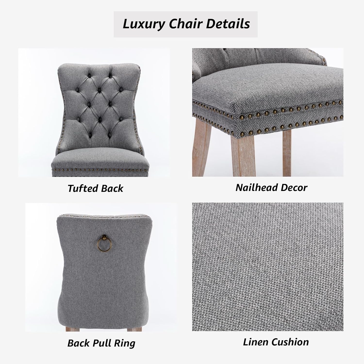 Grey Mid Century Modern Dining Chairs Set of 4, Linen Upholstered Kitchen & Dining Room Chairs with Nailhead Trim & Solid Wood Legs, Elegant Sillas De Comedor (Grey, 4 Pcs)