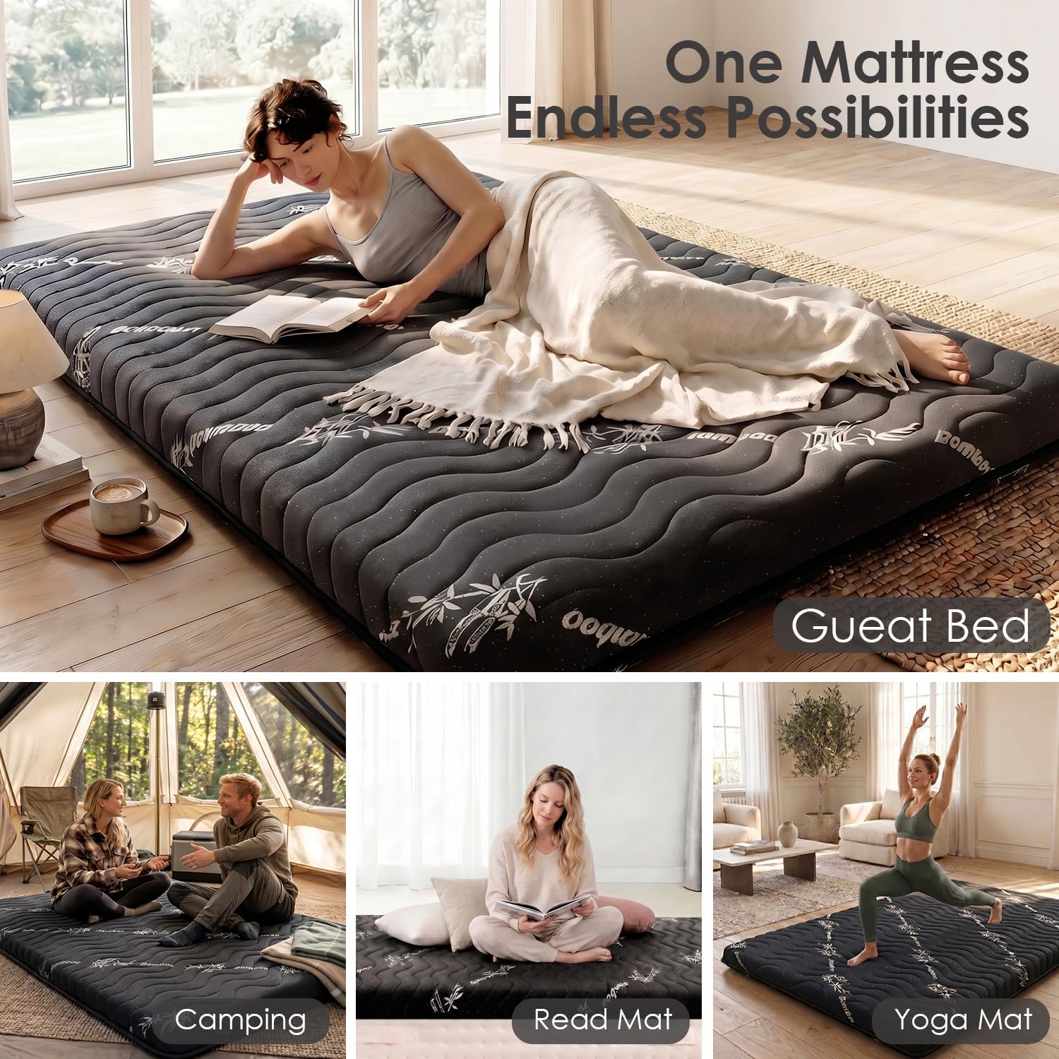 Japanese Floor Futon Mattress, 3.5" Thick Viscose Derived from Bamboo, Twin | Breathable Foldable Futon Mattress Tatami Mat, 100% High Density Foam, Roll Up Floor Bed for Guest Room Bedroom RV, Black