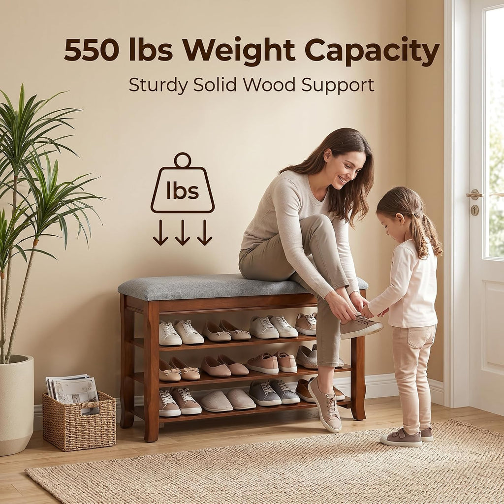 SolidWood Entryway Shoe Rack Storage Bench, Flip-Top Soft-Close Lid, 39.4'' | 550 lbs Max Load, Adjustable Shelves, Cushioned Entryway Shoe Organizer for Closet, Hallway, Foyer