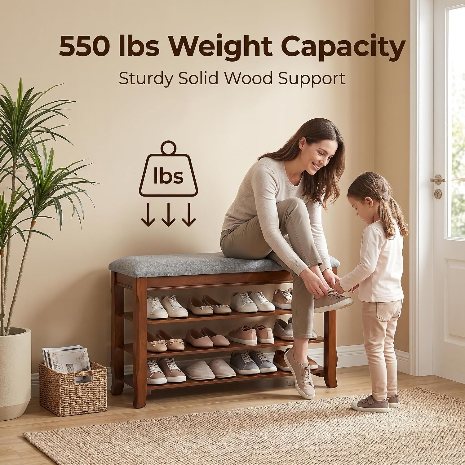 SolidWood Entryway Shoe Rack Storage Bench, Flip-Top Soft-Close Lid, 39.4'' | 550 lbs Max Load, Adjustable Shelves, Cushioned Entryway Shoe Organizer for Closet, Hallway, Foyer