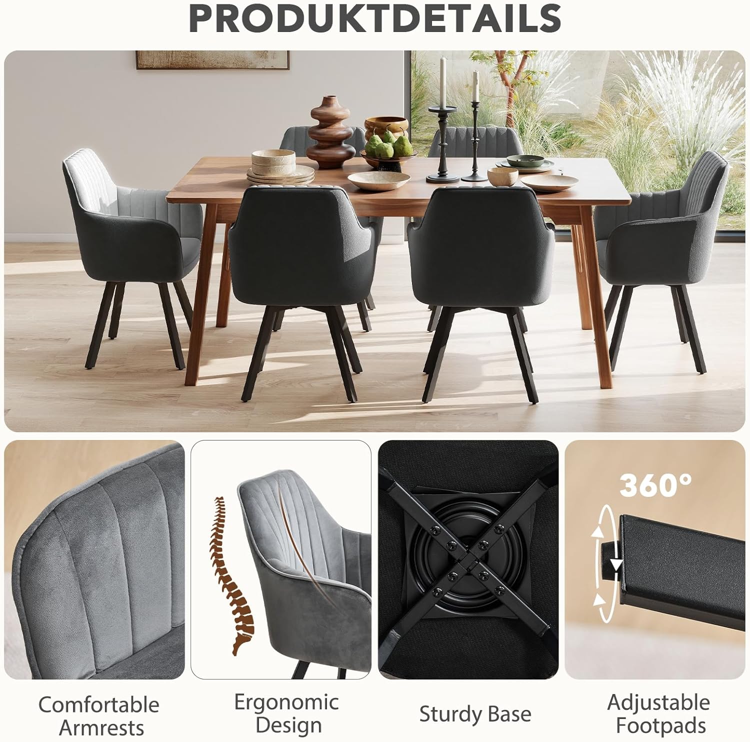 Furniliving 360° Swivel Dining Chairs Set of 2, Mid Century Modern Upholstered with Mental Frame Legs, Dining Chairs with Arms & Thickened Cushions for Kitchen, Living Room, Velvet, DrakGrey
