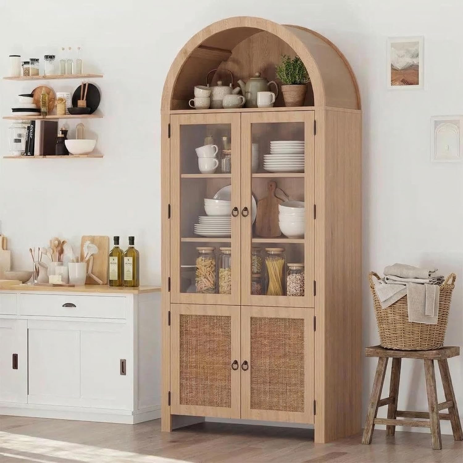 Patikuin Tall Arched Cabinet, Arched Pantry Cabinet with 4 Doors & 6 Open Shelves, 71 Inch Farmhouse Kitchen Arched Cabinet for Living Room, Dining Room, Kitchen Bathroom