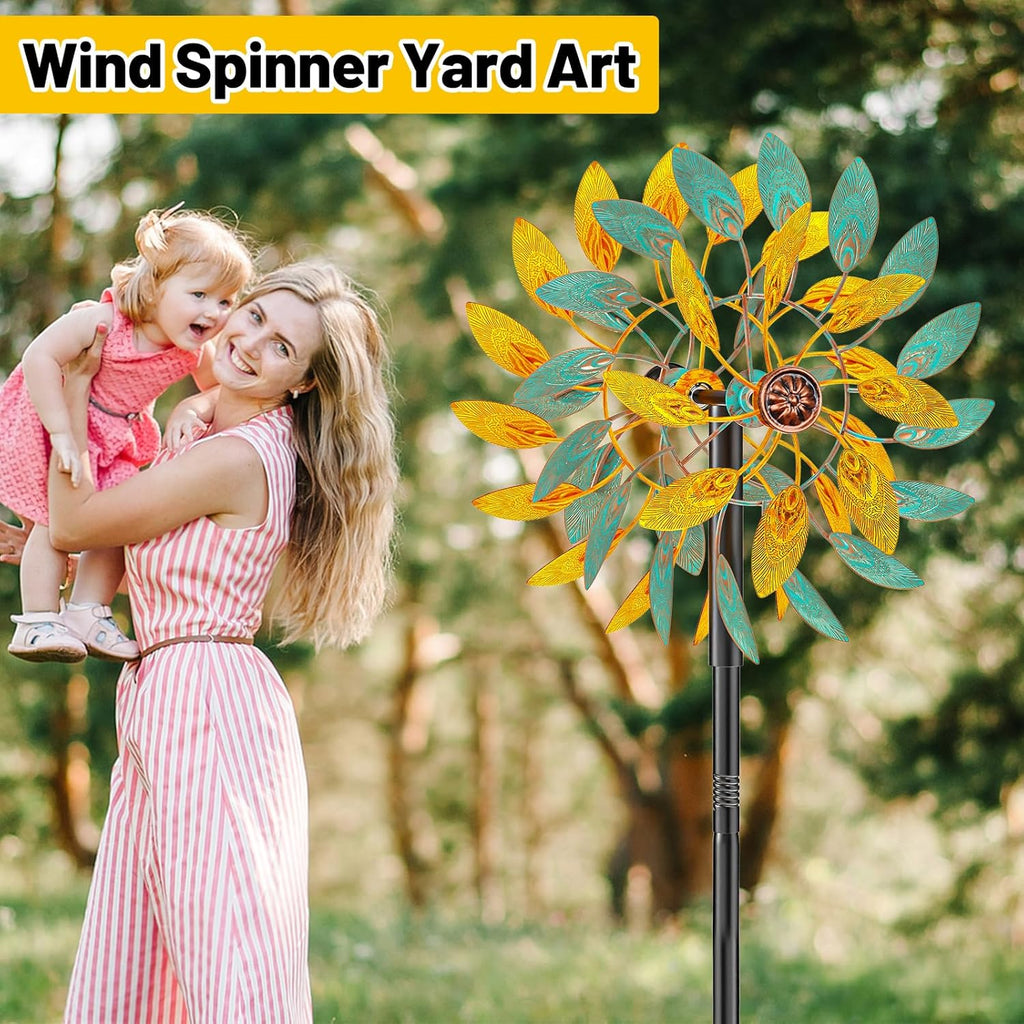 Metal Wind Spinners Outdoor, Kinetic Garden Wndmills,Yard Art Windmill with Metal Stake,Vintage Wind Sculptures & Spinners,Waterproof Pinwheels Large Wind Mill for Patio Lawn Yard Garden (Yellow+Blue)