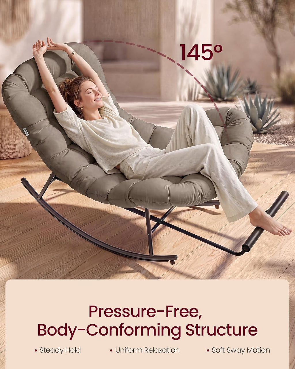 VASAGLE Outdoor Rocking Chair with Extendable Footrest, Removable Cushion | Papasan Chair, Outdoor Furniture, Heavy Duty Rocker, for Porch Patio Garden, Beige, TEOU Collection ULYY062LZ01V1