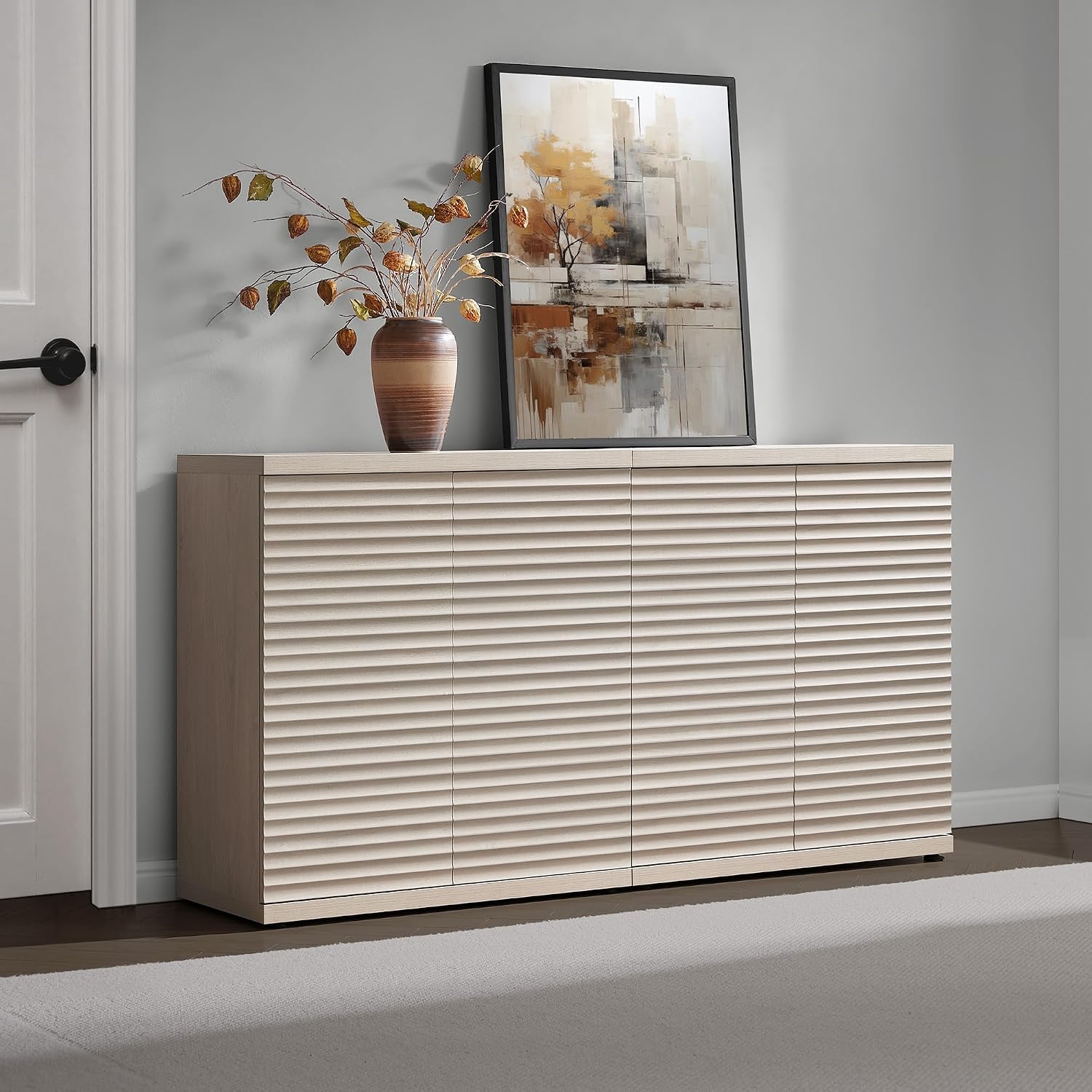SICOTAS Buffet Cabinet with Storage Accent Sideboard Modern Credenza with Doors & Shelves Fluted Media Console Mid Century Coffee Bar Table for Living Room Kitchen Dining Room Hallway (3PCS)