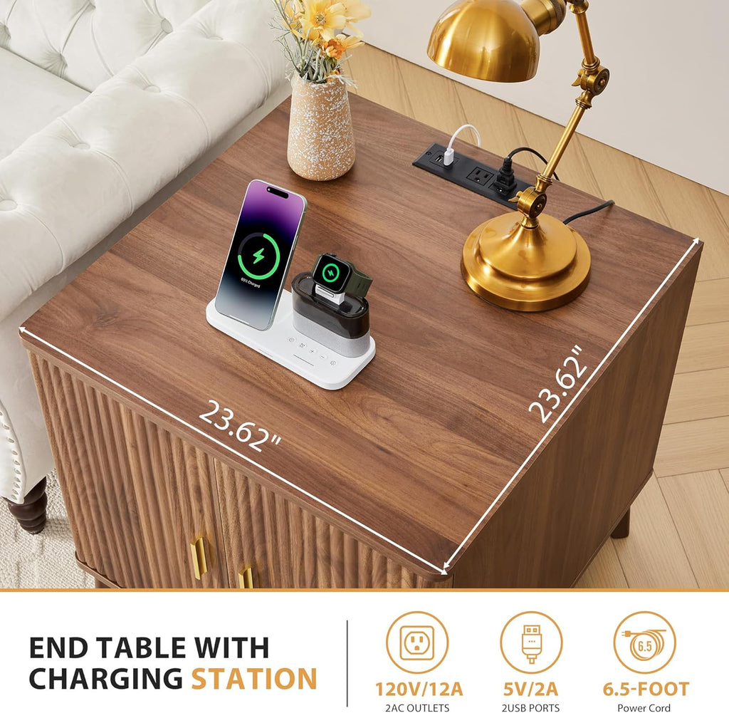 Fluted End Table with Charging Station, 2 Door Side Table with Storage, Mid Century Modern Nightstand for Bedroom Bedside, Living Room Couch Sofa, Office, Desk Side Table for Small Spaces-Walnut