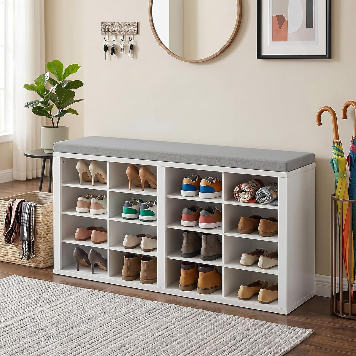 Shoe Rack Bench, Shoe Storage Bench with Cushion, Shoe Organizer 16 Cubbies for Entryway Hallway Bedroom Living Room, Holds Up to 400lbs