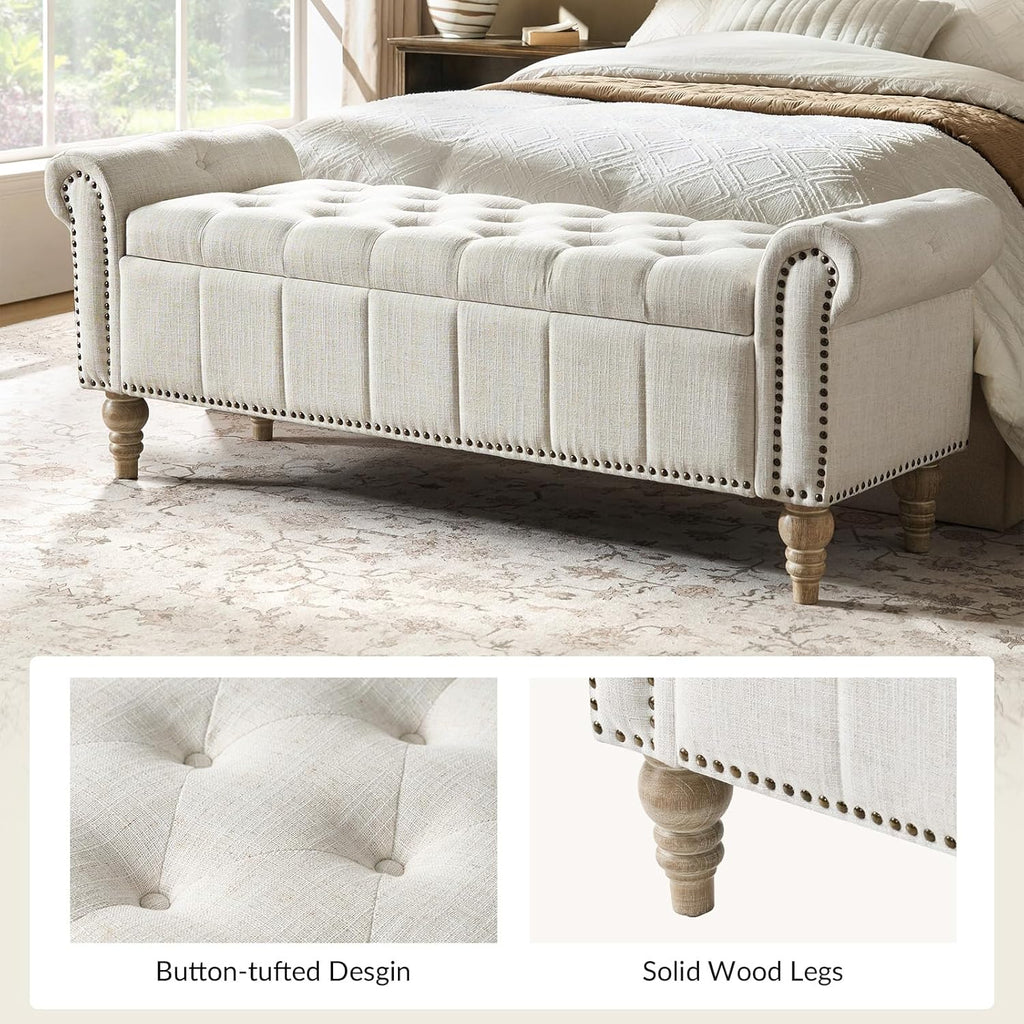 HULALA HOME Farmhouse Upholstered Storage Bench, End of Bed Bench with Vintage Button Tufted Design(Ivory)