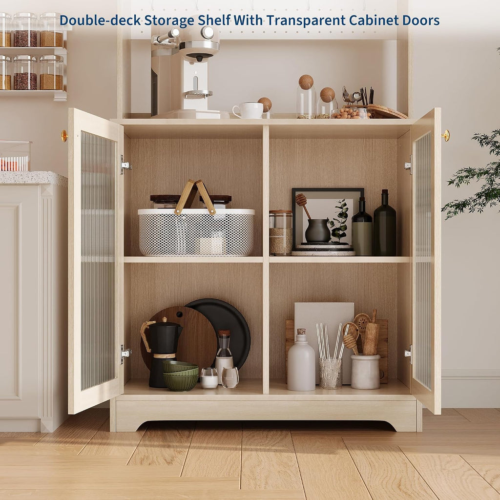 71" Kitchen Pantry Cabinet, Wooden Tall Sideboard Buffet Cabinet with 6 S-shaped Hooks, Pegboard and Hutch, Microwave Stand, Pantry Storage Organizers Coffee Bar for Dining Room or Living Room, Oak