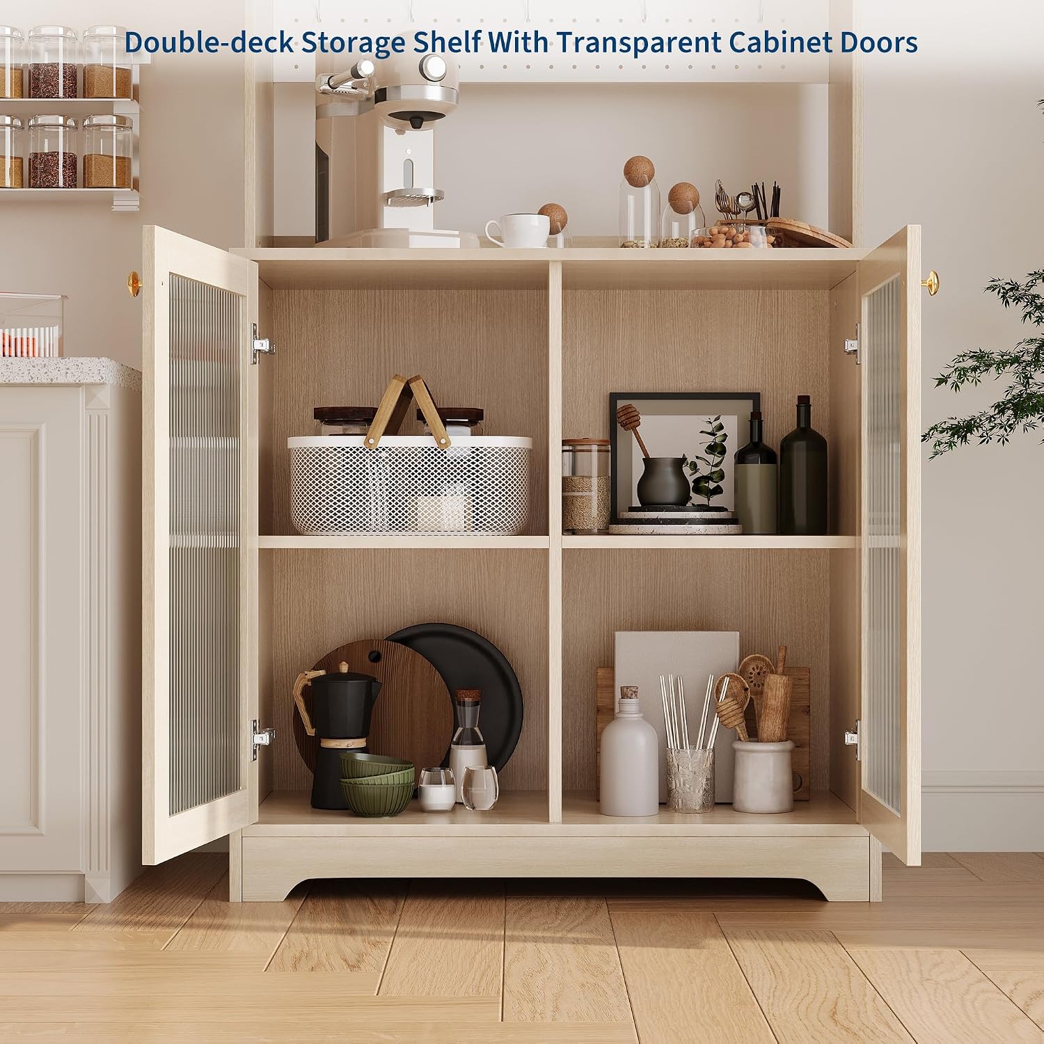 71" Kitchen Pantry Cabinet, Wooden Tall Sideboard Buffet Cabinet with 6 S-shaped Hooks, Pegboard and Hutch, Microwave Stand, Pantry Storage Organizers Coffee Bar for Dining Room or Living Room, Oak
