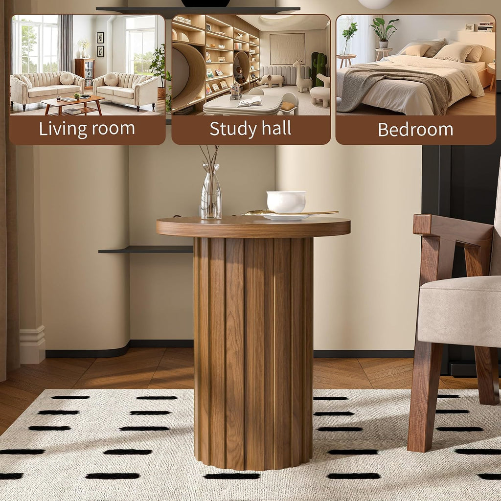 Fsbecl Farmhouse Pedestal End Table Round Side Table with Fluted Panel Rustic Drink Table for Small Space Living Room (Walnut)