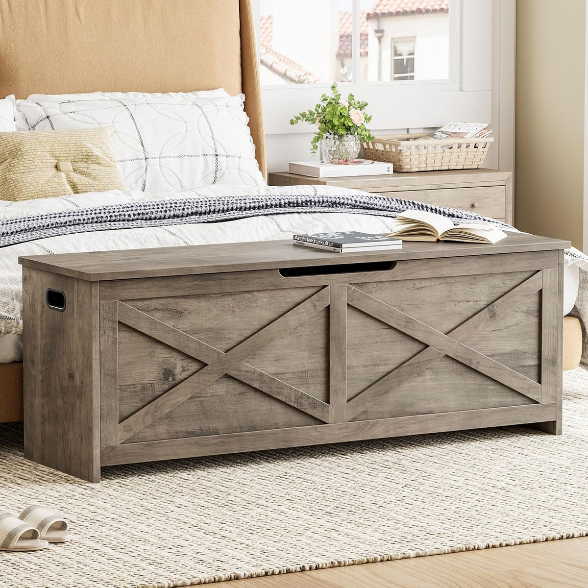 GarveeHome 47.2 in Storage Chest, Wooden Storage Bench with Safety Hinges, Easy Assembly, Large Shoe Bench for Entryway, Living Room, Bedroom
