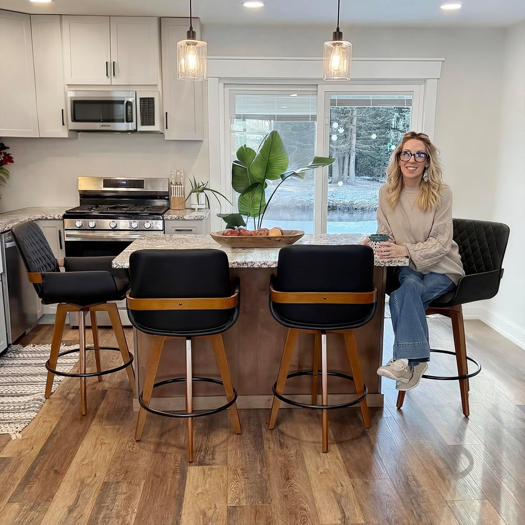 Swivel Counter Stool Set of 1 with Walnut Finish and Bamboo Legs, 26.3 Inch Counter Height Mid-Century Counter Stool with Curved Back and Armrests, Faux Leather Seat, Kitchen Island Seating, Brown