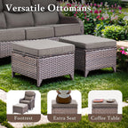 Patio Wicker Ottomans Set of 2, All Weather Outdoor Rattan Ottoman Seat, 2 Pieces Outdoor Patio Ottomans, Outdoor Footstool Footrest Seat, Brown Wicker Grey Cushions
