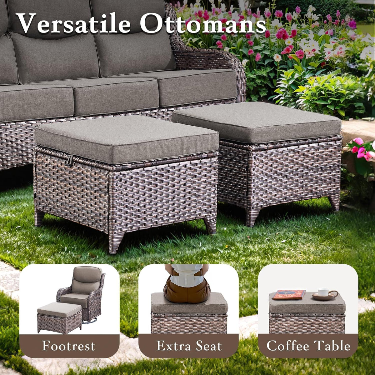 Patio Wicker Ottomans Set of 2, All Weather Outdoor Rattan Ottoman Seat, 2 Pieces Outdoor Patio Ottomans, Outdoor Footstool Footrest Seat, Brown Wicker Grey Cushions