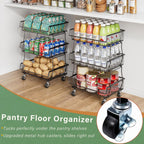 OKZEST Pantry Organizers and Storage Cart with Upgraded Metal Hub Casters | Fits under pantry shelf, stackable fine-mesh wire baskets, 3-tier rolling cart holds drink, snack, can, potato, onion, fruit
