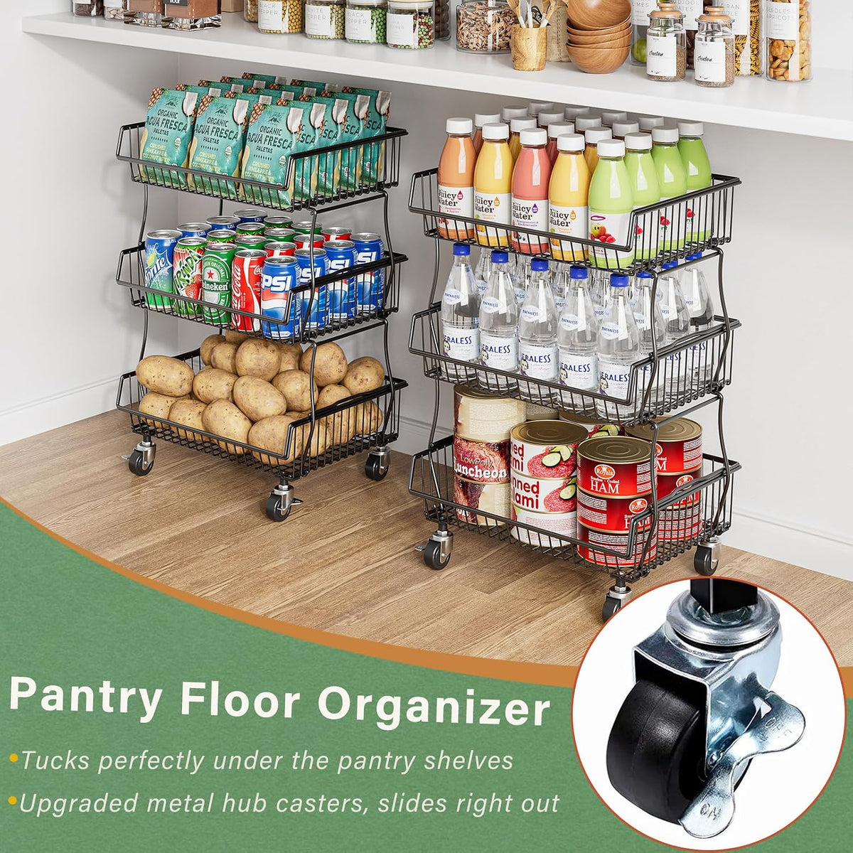 OKZEST Pantry Organizers and Storage Cart with Upgraded Metal Hub Casters | Fits under pantry shelf, stackable fine-mesh wire baskets, 3-tier rolling cart holds drink, snack, can, potato, onion, fruit